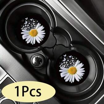 1pc White Daisy Butterfly Pattern Car Coasters, Circular Faux Leather Desk Water Cup Coasters, Car Interior Decorations And Gifts