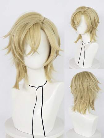 Medium Lenght Straight Light Blonde Anime Cosplay Wig With Bangs For Men Women Heat-Resistant Synthetic Wig For Party Christmas Unisex Game Character Hair Wigs Stage Play Usage Scalp Protrusion And Reverse Warping Wigs Game COS Hair Golden Side Parting Wig Spiky Layered Fluffy Bob Wig Gift Blonde Straight BOBO Wig
