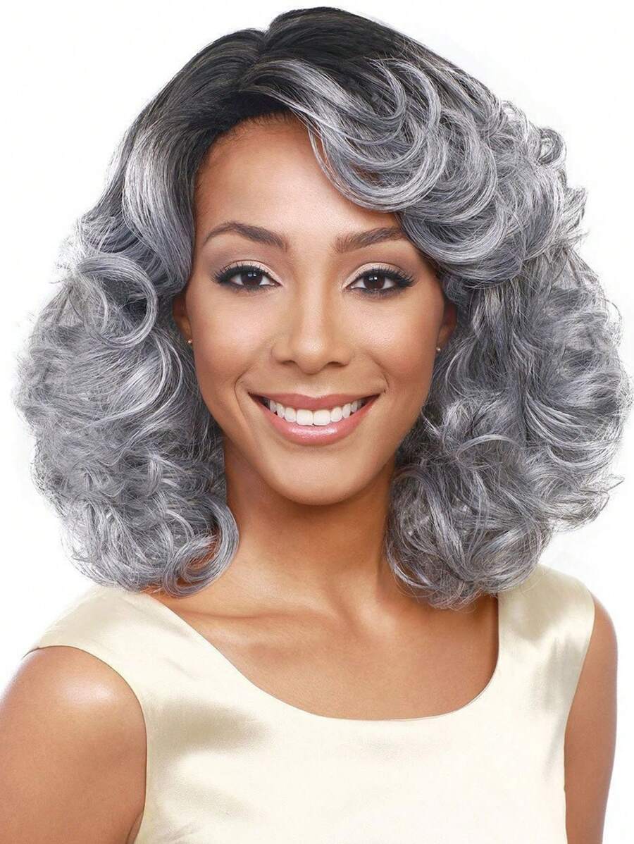 Women's Fashion Wavy Mid-Length Wig With Bangs, Black To Silver Gray Ombre, 16 Inch Synthetic Fiber, Suitable For Middle-Aged & Elderly Mothers, Daily Wear, Weddings, Birthdays, Holidays, Balls, Halloween Costumes, Parties, Cosplay - Nhiều màu - Xem 1
