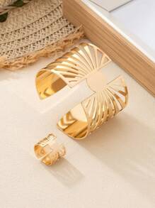 1set Fashionable Simple Hollow Golden Bangle And Ring Set, Suitable For Daily Wear, Parties, Festival Gifts