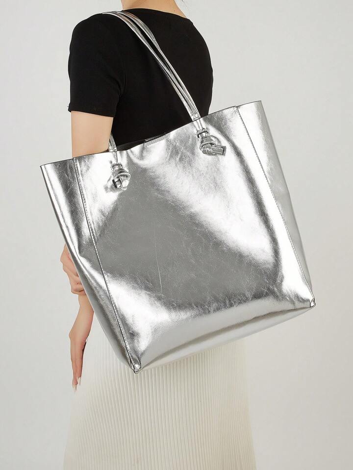 New Fashion Metallic PU Leather Silver Tote Bag Large Capacity Travel Bag With High End Look Lightweight Shoulder Bag For Work Commute Leisure Shopping SHEIN South Africa