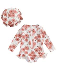 2Pcs Baby Girls Swimsuit Long Sleeve Flower Print Zipped Bikini With Hat Newborn Swimwear For Summer Bathing