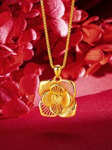 1pc Large Gold-Color Double Layer Heart Floral Detail Fashion Collarbone Necklace With Four Petals