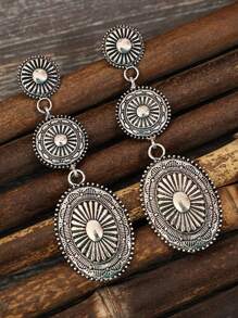 復古波西米亞西部風格圖騰雕刻幾何拼接金屬合金掛墜耳環（1對） - 復古銀色 - 查看 5