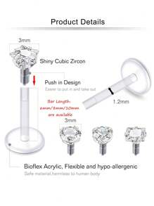 8入組16G透明穿式唇環，塑料Medusa唇釦穿刺珠寶軟骨耳環Tragus耳環無螺紋Helix穿刺珠寶Helix耳環6mm 8mm 10mm - 彩色 - 查看 7