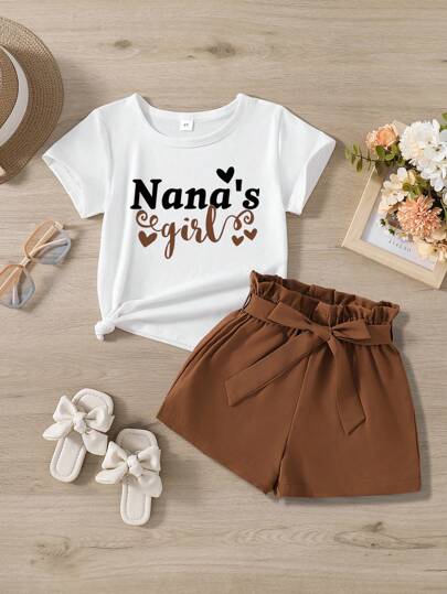 Young Girl Summer Slogan Printed Short Sleeve T-Shirt And Paper Bag Waist Shorts Casual Outfit