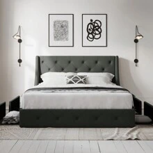 Allewie Bed Frame With 4 Storage Drawers And Wingback Headboard, Button Tufted Design, No Box Spring Needed, Dark Grey Full/Queen/King Size Bed Frame With 4 Storage Drawers And Button Tufted & Wingback Headboard, Light Grey * Bed Frame Queen Queen Bed Frame Bed Frame Full Full Size Bed Frame King Size Bed Frame Twin Bed Frame Room Decor Home Decor Christmas Decor Bedroom Decor Valentine Day Decor Storage Living Room Decor Furniture House Decor - Màu xám đen - Xem 4