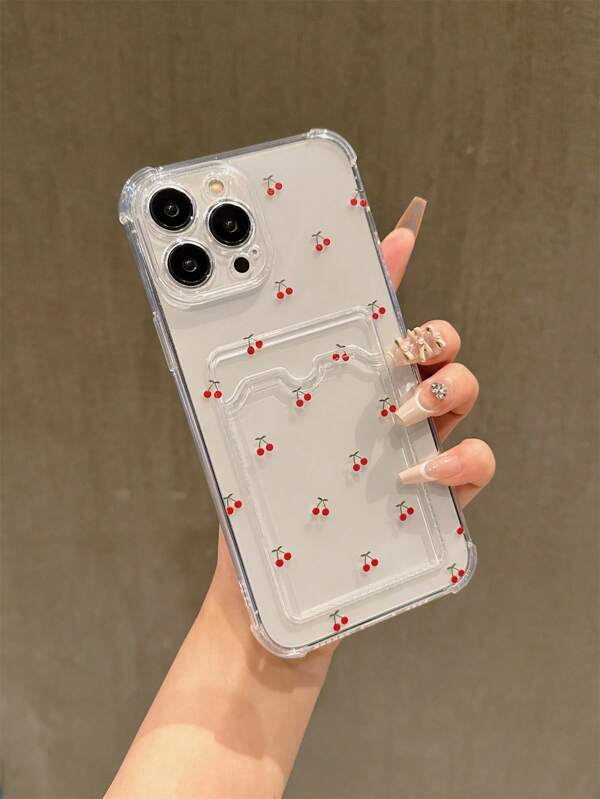 Cherry Pattern TPU Card Slot Transparent Phone Case Compatible With Apple 11/12/13/14/12 Pro Max/14 Pro/15/X/XR/7/8 Plus