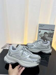 2024年春季新款女士運動鞋厚底全配通透網增高休閒粗重鞋款，熱門網購，輕盈舒適 - 灰色 - 查看 2