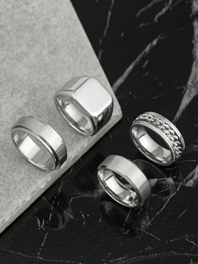 4pcs/Set Stylish Stainless Steel Large Square Embossed Matte Relief Anxiety Rings Silver Men'S Stainless Steel Ring Set Suitable For Men'S Everyday Matching Use Holiday Jewelry Gifts For Boyfriends Father'S Day Gift Jewelry