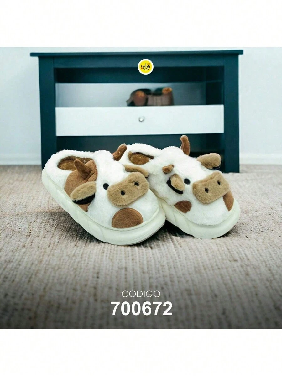Pantuflas de vaca de algodón sin cordones para el hogar, cómodas y modernas, con punta redonda, suela gruesa antideslizante, diseño de cabeza de vaca en blanco y negro, suaves y cómodas