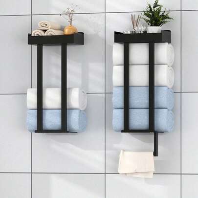 1pc Wall-Mounted Towel Rack, Foldable Bathroom Storage Shelf For Bath Towels & Robes, Modern Towel Holder, Space-Saving Organizer For Shower Essentials