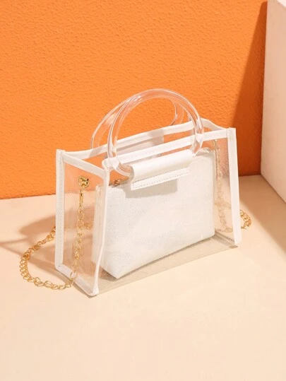 Bolso de mano con destellos blancos con correa para el hombro y asa, impermeable, a prueba de arena, bolso transparente para playa, deportes, picnic, refrigerios, bolso transparente claro aprobado para estadios de 12*12*24 pulgadas para mujeres, para conciertos, eventos deportivos, festivales