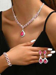 Style Rhinestone Rose Flower Bridal Jewelry Set Including Necklace, Earrings, Bracelet, 4pcs/Set - Hot Pink - View 2