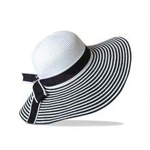 1頂經典時尚個性化極簡條紋寬邊草帽，防紫外線遮陽帽，適用於海灘度假旅遊，女性日常穿著和節日禮物 - 彩色 - 查看 4