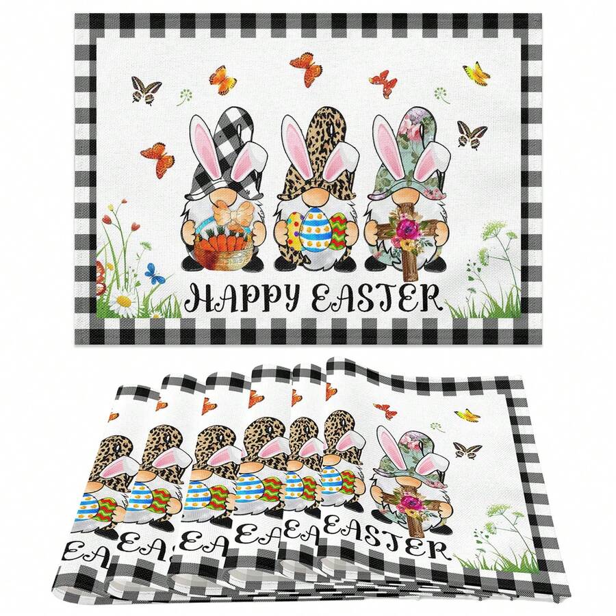 1入組復活節餐墊，黑白格紋掛飾花卉春夏防滑耐熱亞麻布餐墊，可水洗農舍家居廚房裝飾野餐毯 - 白色 - 查看 1