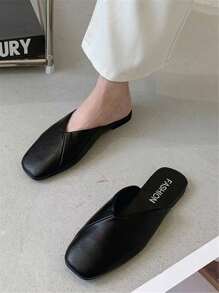 女士優雅方頭穆勒鞋，平底泵鞋，輕盈PU皮革鞋面