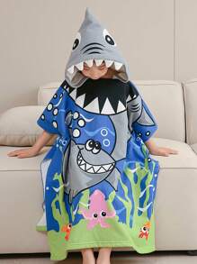 1PC Hooded Bath Beach Poncho Towels For 4-10ags Kid Boys Swim Cover-Ups Cloak With Portable Bag, Great White Shark Theme