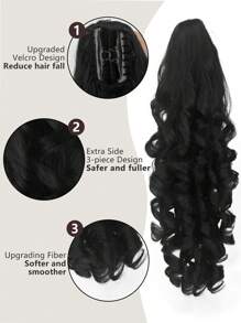 Brown Synthetic Fiber Ponytail Hair Extensions With Super Long Wavy Curls Claw Clip Hairpiece For Women, Daily & Party Use - Black - View 2