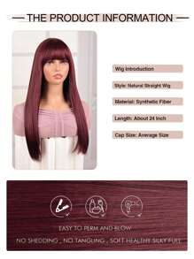 Peluca sintética recta y larga de color granate con flequillo para uso diario, Día de la Madre, cabello para mujeres en la escuela - Burdeos - Ver 4