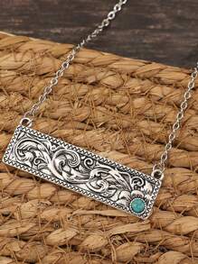 Collier simple avec pendentif vintage rectangulaire en alliage de zinc sculpté incrusté de turquoise