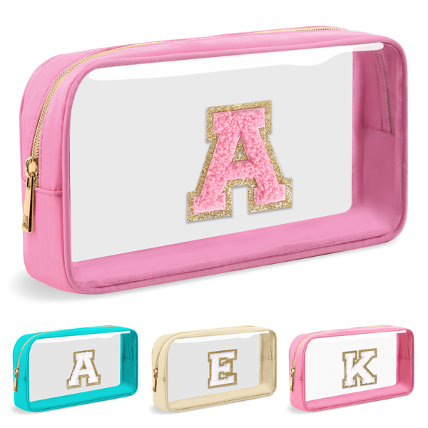 Small Clear Personalized Initial Letter Makeup Bag, A-Z Chenille Patch Preppy Nylon Cosmetic Bag With Zipper, TSA Approved Transparent Waterproof Travel Toiletry Bag Travel Essentials For Women Girl, Make Up Organizer Toiletry Bag Makeup Storage Makeup Bags