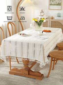 1pc Hollow Out Embroidered Striped Fringe Tablecloth For Decoration At Banquets, Weddings, Parties, Home Dining Table - Beige - View 3