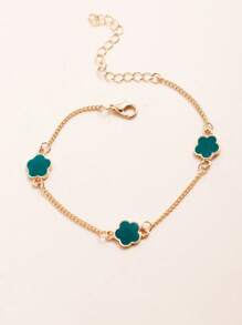 Set de collar y pulsera con dije de trébol de cinco hojas y flor para mujer, cadena de clavícula al estilo europeo y americano - Verde - Ver 7