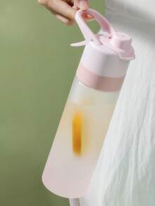 1pc Gradient Frosted Plastic Sports Water Bottle With Straw, Large Capacity - Pink - View 5