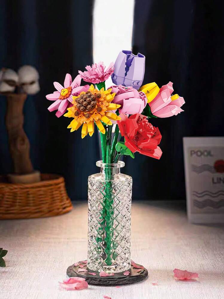 1 st Miniatyrbyggkloss konstgjorda blomsterbunt Gör-det-själv unik heminredning, växtserie, lämplig för flickvänpresent, morsdagspresent, födelsedagspresent, trendig leksaksrumsdekoration - Flerfärgad - Visa 2