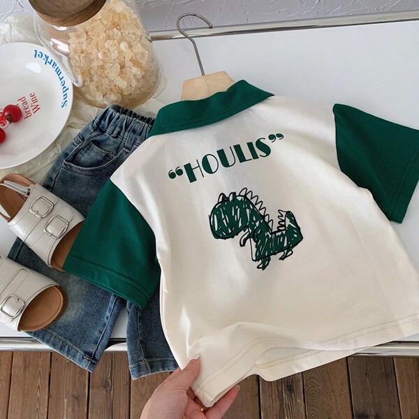 Young Boy Short Sleeve Polo Shirt 2024 Summer New Casual Dinosaur Jacquard Collared Top Fashionable Soft T-Shirt