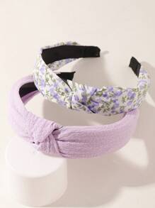 2 piezas/Set Diademas con nudo estilo coreano para niñas, con estampado floral & unicolor, tela morada suave, aro para el cabello de ala ancha, versátil para uso diario - Multicolor - Ver 6