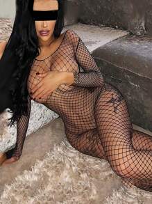 High Elasticity Fishnet Stocking With Garter Belt, Bodystocking Bikini Cover Up For Going Out - Black - View 1