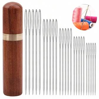 25pcs Large Eye Hand Sewing Needles Set With Wooden Needle Box, 5 Sizes