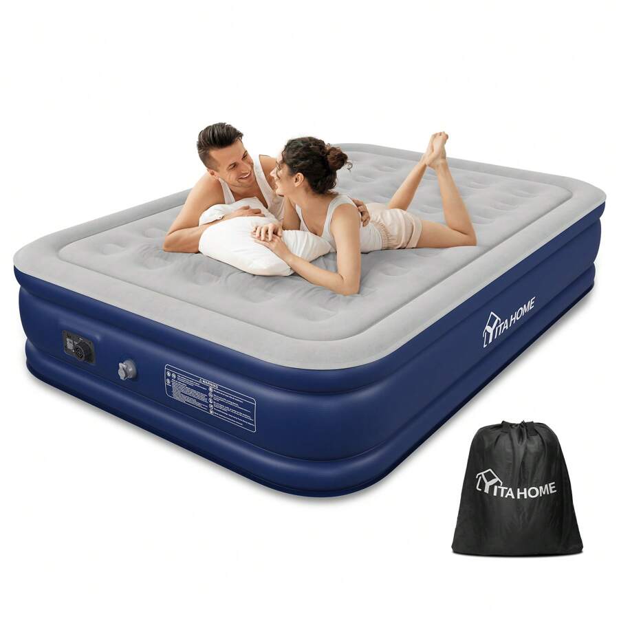 Inflatable Air Bed Built-In Pump Double Size High Raised Airbed Camping Mattress - 藍色 - 查看 1