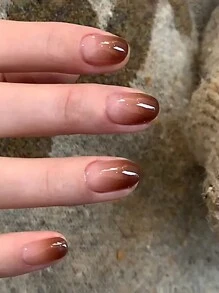 24入組短杏仁形INS風格溫柔的棕色漸變鏡片美甲貼片，配有1入組指甲檔和1入組果凍膠壓片美甲貼紙，美甲用品 - 彩色 - 查看 14