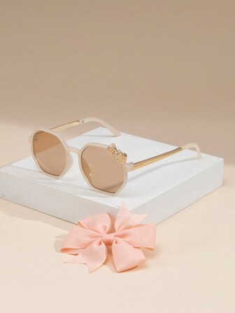 1set Kids Half-Metal Geometric Bow Design Eyeglasses With 1pc Light Pink Bow Hair Clip