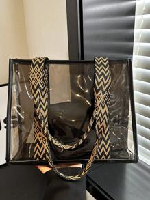 Beach Holiday Clear Handbag, Large Capacity Tote Bag With Shoulder Strap, Coin Purse - Black - View 4