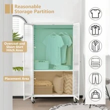 Storage Wardrobe Cabinet, Mobile Metal Wardrobe Armoire Closet W/ Hanging Rod & Adjustable Shelf, 80 X 36 X 147 Cm Rolling Closet Storage Accent Cabinet W/ Lockable Casters, Armoire Clothes Organizer For Bedroom - White - View 3