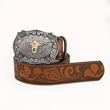 3.8公分寬美式復古金扣花紋壓花女士皮帶，龐克風格多功能印花皮革帶適用於女士和男士，可搭配裙裝、牛仔裤、女孩皮帶 - 棕色 - 查看 5