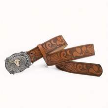 3.8公分寬美式復古金扣花紋壓花女士皮帶，龐克風格多功能印花皮革帶適用於女士和男士，可搭配裙裝、牛仔裤、女孩皮帶 - 棕色 - 查看 4