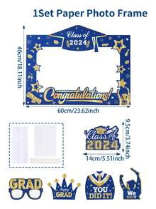 1Set 2024 Graduation Hollowed-Out  Photo Booth Props , Blue And Golden Graduation Photo Frame Set, Congrats Grad,Class Of 2024 Graduation Party Supplies And Decorations For High School And College Graduation Announcements - Multicolor - View 4