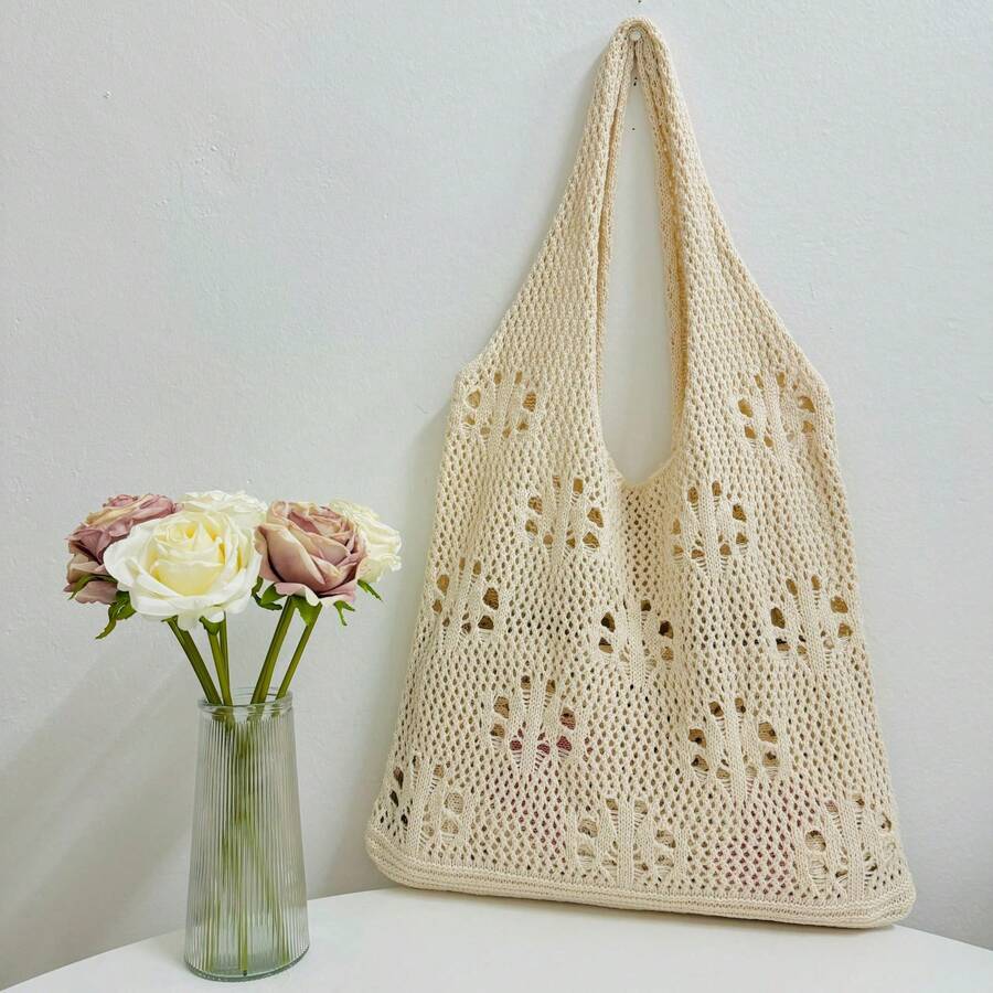 Bohemian Style Large Capacity Knitted Tote Bag, Beach Bag, Hollow Out Handbag - Apricot - View 1