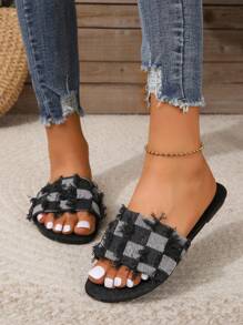 2024 New Summer Style Women's Open Toe Slipper, Round Toe Plus Size Fashionable Outdoor Flat Sandals - 黑色 - 查看 3