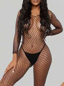 High Elasticity Fishnet Stocking With Garter Belt, Bodystocking Bikini Cover Up For Going Out - Black - View 3