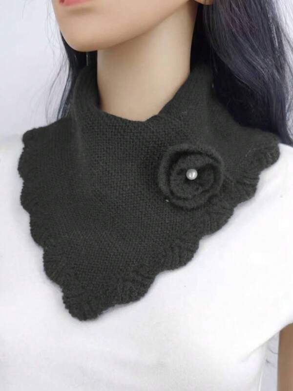 Boho 1pc Ladies Solid/Multi-Color Knitted Scarf With Wavy Edges And Floral Detail, Neck Protection And Faux Collar Design