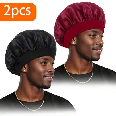 1/2pcs Men's Solid Color Elastic Silky Satin Wide Brim Casual Comfortable Breathable Soft Sleep Cap Headwear To Shape Hair While Sleeping