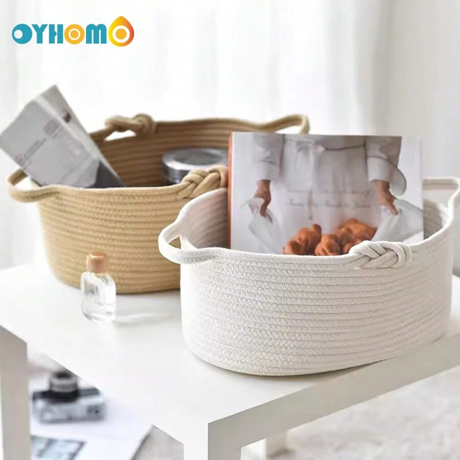 OYHOMO 1 件椭圆形收纳篮绳编篮架子篮带手柄，适用于玩具、衣服、毛巾、卧室、浴室、洗衣房的家居装饰篮 - 彩色 - 查看 1