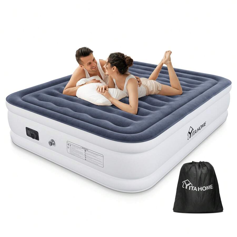 Double Inflatable Air Bed Built-In Pump High Raised Mattress Camping King Size - Grey - View 1