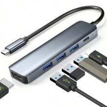 5端口USB Type-C集线器，支持4K，USB 3.0适配器分线器，适用于笔记本电脑配件 - 銀色 - 查看 1